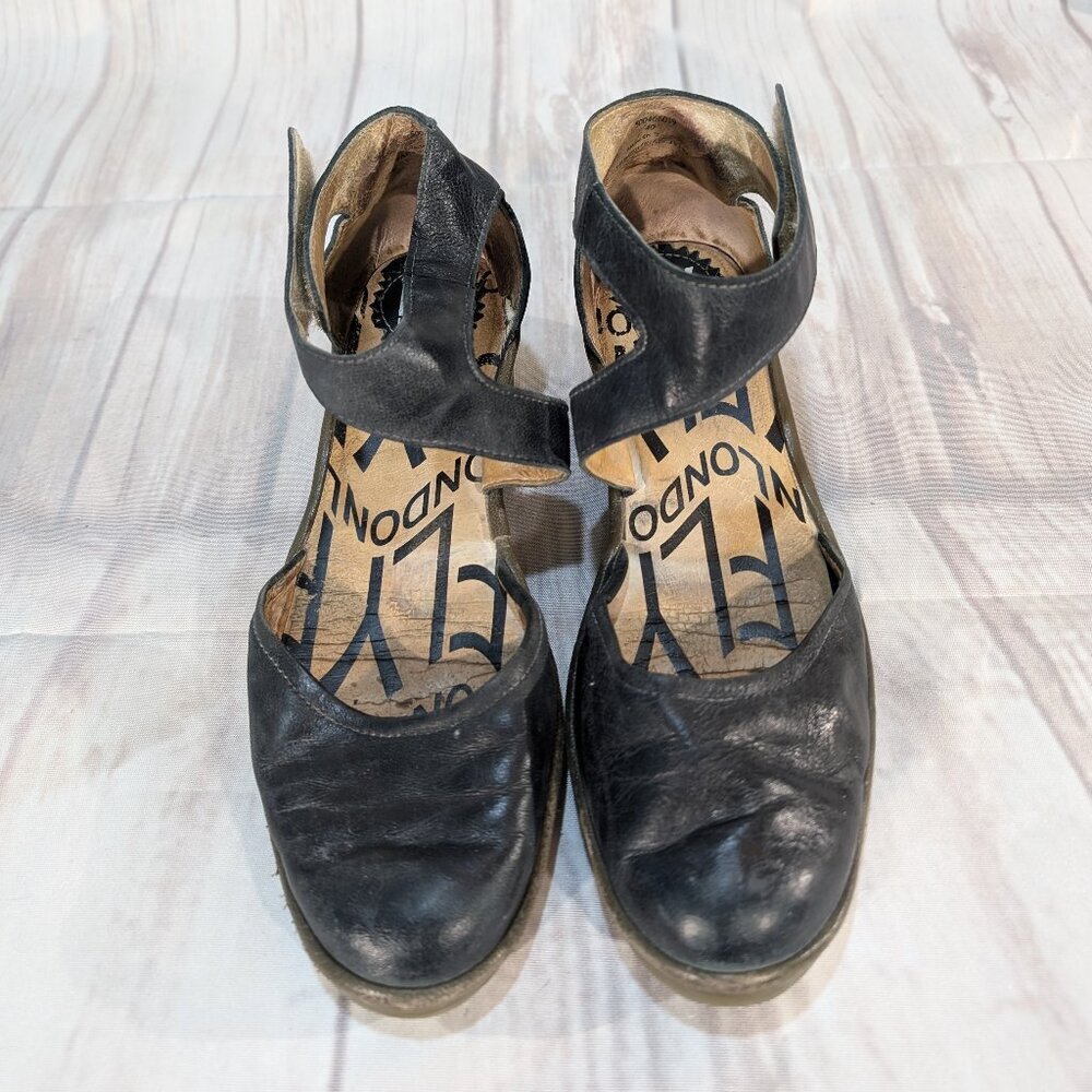 FLY London Black Leather Wedge Heel Ankle Straps Shoes Size 40